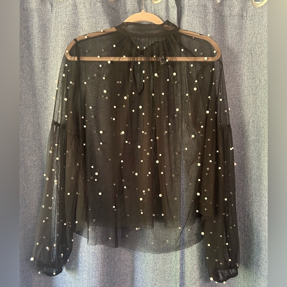 Forever 21 Women’s Sheer Black Long Sleeve Blouse with Pearls, Sz Large